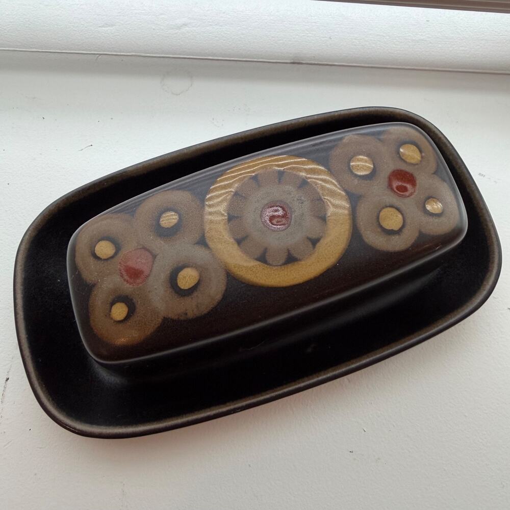 Vintage Denby Pottery Arabesque Butter Dish England 1960's Stoneware Brown